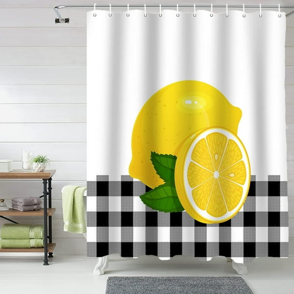 Yellow Lemon Summer Shower Curtain, Black White Plaid Shower Curtain Set with Hooks, Spring Summer Waterproof Fabric Shower Curtains for Bathroom Decor, 36x72 Inch Bath Curtain