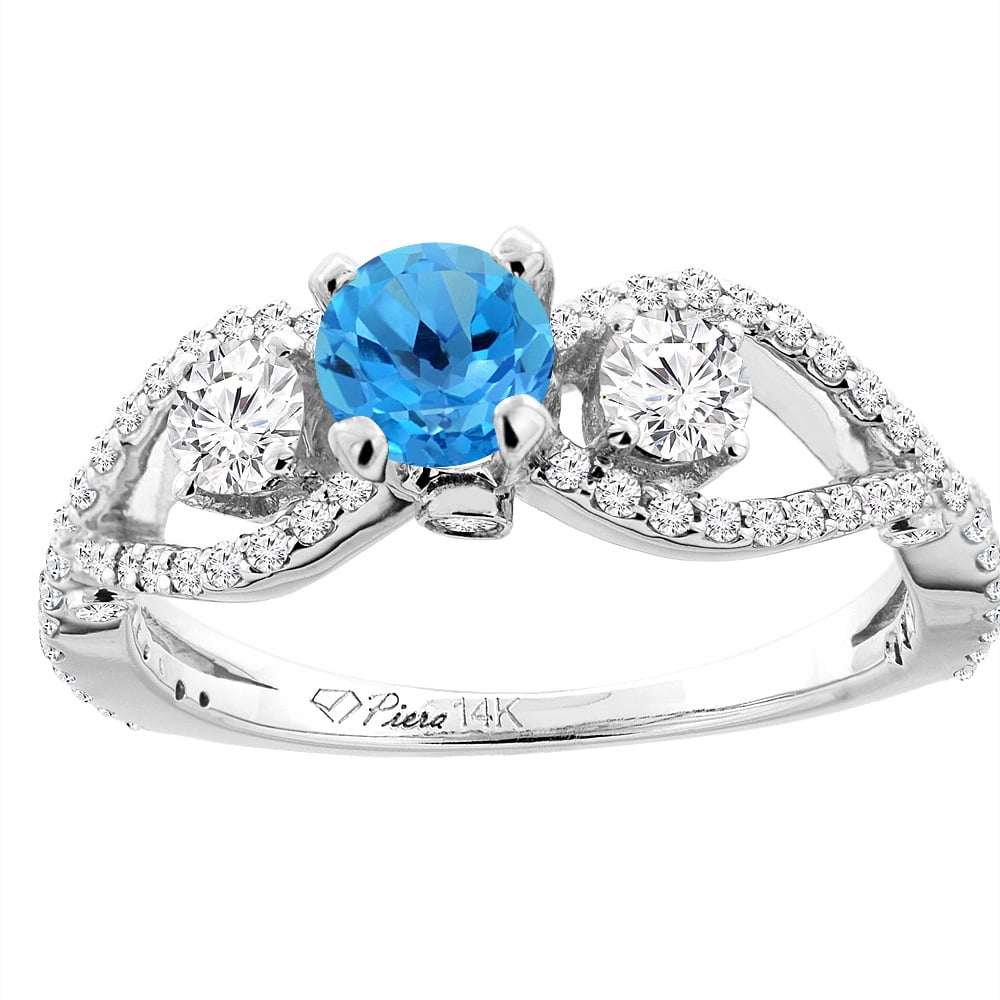14K White Gold Natural Swiss Blue Topaz & Diamond Ring Round 6 mm, size 5 by Gabriella Gold