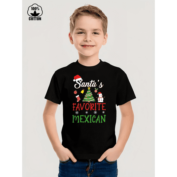 Santa's Favorite Mexican Graphic Iron-On Print Tees, Suitable For Boys and Girls,Size 3T-13Y,Christmas Gift For Kids