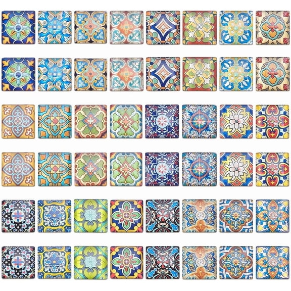 1 Inch Square Mosaic Cabochons 48pcs Glass Cabochon Tiles Mosaic Printed Glass Dome Cabochons Flower Pattern Mosaic Tiles Supplies