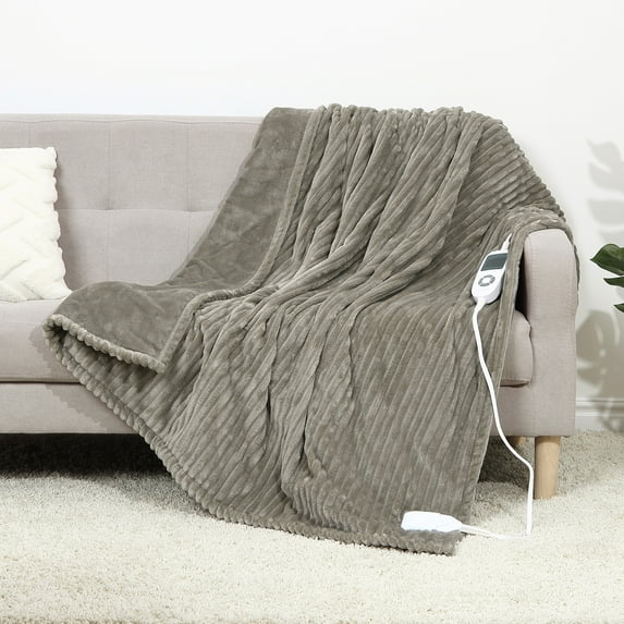 ZACOO Khaki Electric Heated Blanket Throw, Fast Heating Throw Blanket Striped Flannel Electric Heating Throw Blanket for Home Office Living Room, 50"x60"