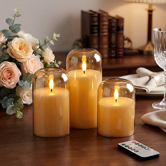 Goyuon Battery Operated LED Flameless Candles with Remote and Timer, Real Wax Candles Warm Color Flickering Light for Festival Wedding Home Party Decor(Pack of 3)-Gold