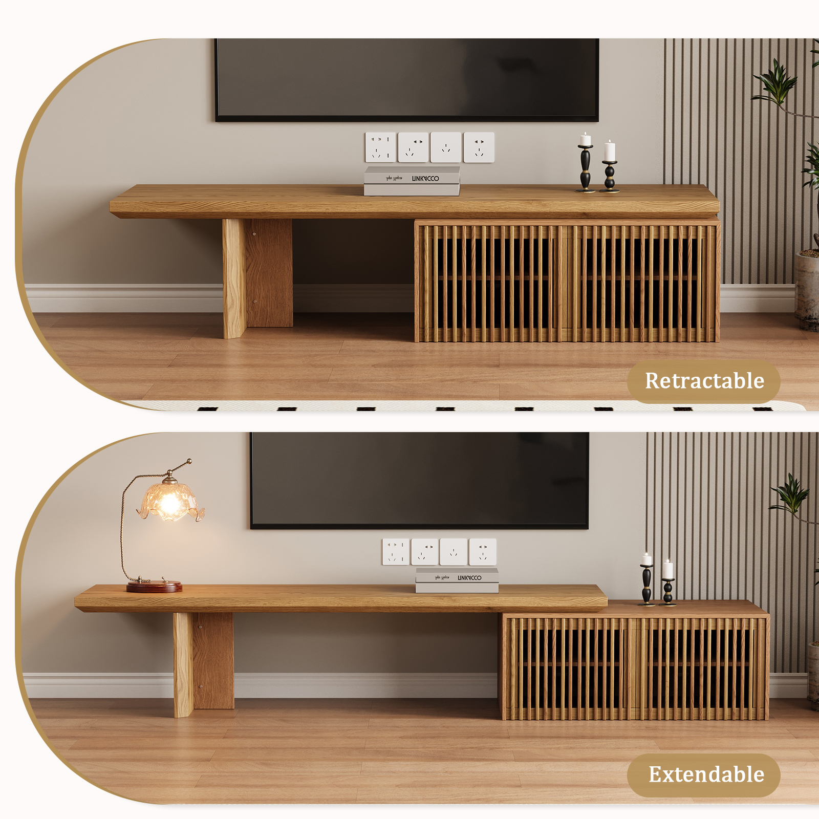 siu want ​​Extendable TV Stand with Storage for TVs Up to 100" - Adjustable Width (63.4"-94.5") Wood Color Media Console - Modern Entertainment Center for Living Room/Bedroom​