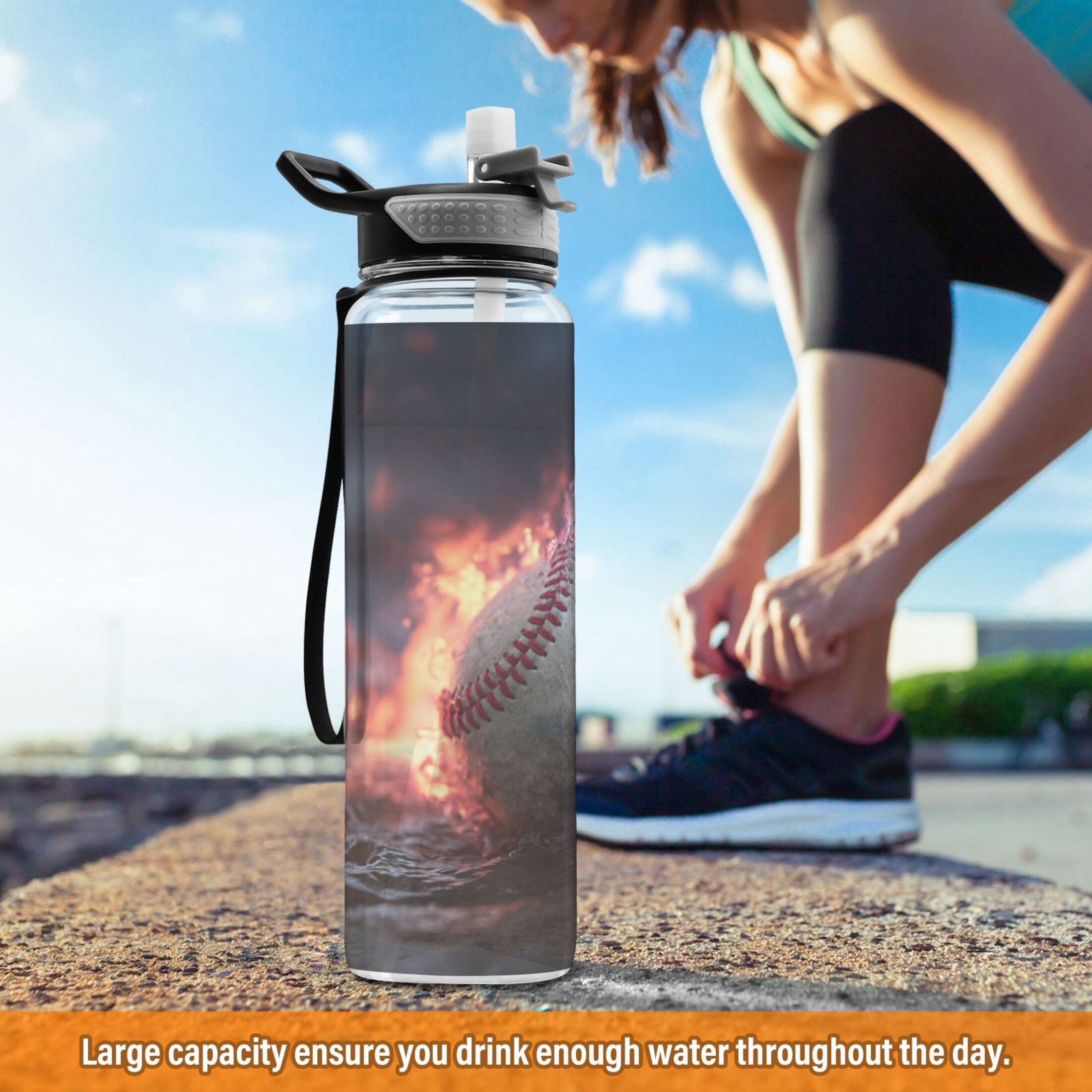 32oz Transparent Sports Water Bottle with Straw for Kids Adults Outdoor School Gym Fitness Baseball with Water and Fire