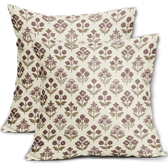 Brown Burgundy Red Floral Block Print Pillow Covers 18x18 Inch Set of 2, Vintage Flower Pattern Decorative Throw Pillowcases Outdoor Farmhouse Cushion Covers Spring Summer Rustic Sofa Couch Bed Decor