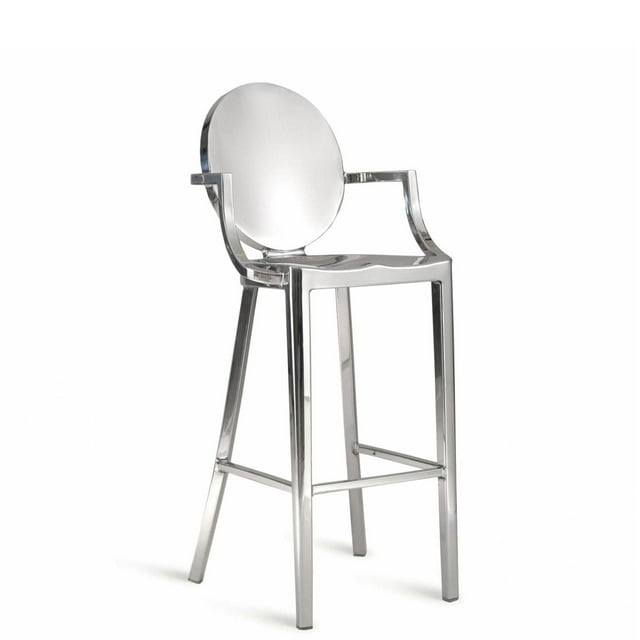 Plata Import Kong Metal Stool King Counter Height Stool 26 Inch Arm Chair Polished Stainless Steel Round Back Barstool