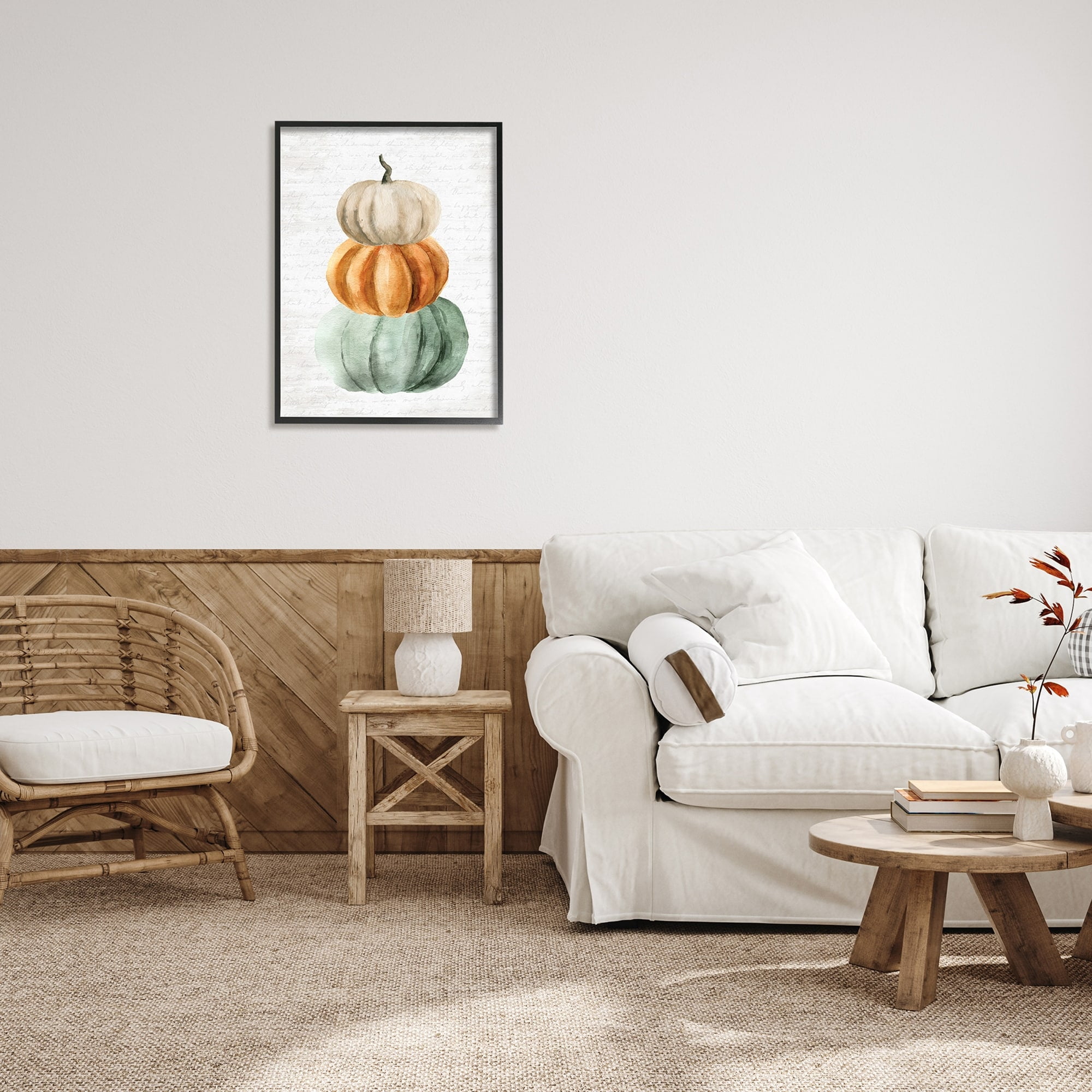 Stacked Autumn Fall Pumpkins Cursive Words Background Botanical & Floral Painting Framed Art Print Wall Art