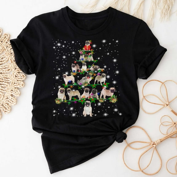 Pug Christmas Tree T-Shirt, Funny Dog Lover Gift, Pug Christmas Lights Shirts, Christmas Shirts for Women Men