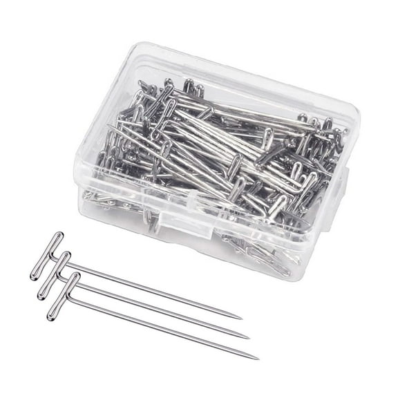 100Pcs T Pins, 2 inch Long T-Pins for Sewing Crochet Blocking Knitting, Stainless Steel Straight T Wigs Pins for Foam Head with Storage Box