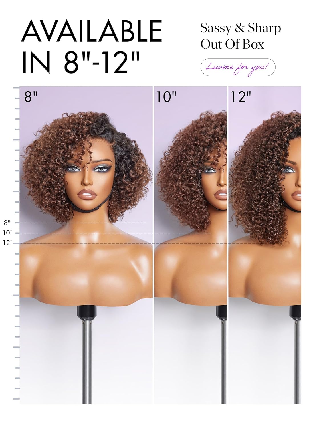 LUVME HD Lace Closure Kinky Curly Bob Wig 8" Ombre Mix Brown Human Hair Pre Cut Glueless C-Side Parted For Women