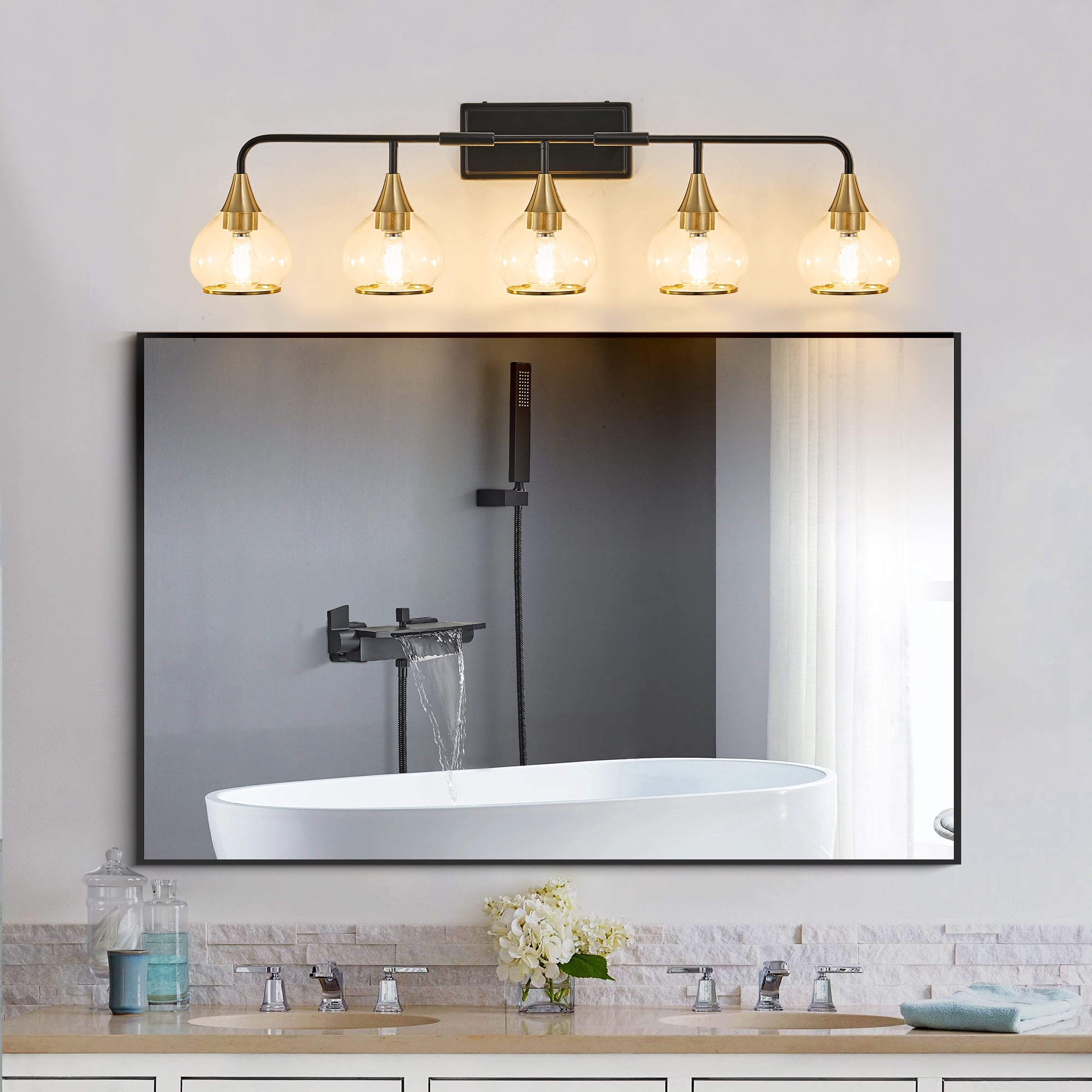 40" Modern 5-Light Vanity Light - Black and Gold Industrial Wall Sconce for Bathroom Mirror, Living Room, Hallway with Clear Glass Shades (Bulb Not Included)