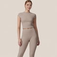 thumbnail image 2 of Women's Fitted Crop Active Tee Short Sleeve Round Neck Stretch Performance Fabric - Large, Beige, 2 of 7