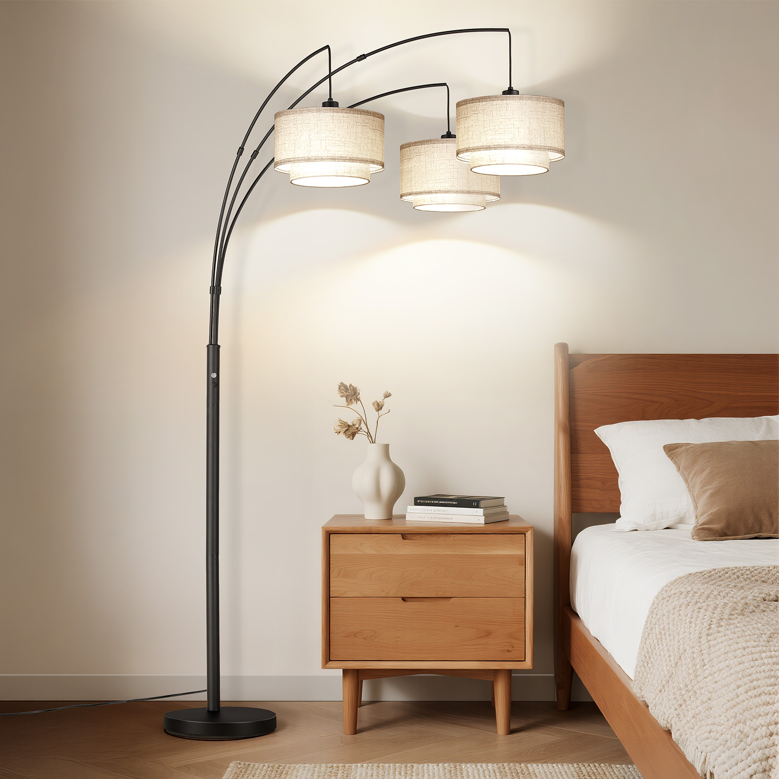 SUNMORY 3 Lights Tree Floor Lamp, 81.5" Tall Standing Lamp with Hanging Dual Drum Linen Shade, Modern Arc Floor Lamps with Heavy Base & 3 Bulbs, Mid Century Arched Floor Lamp for Living Room, Bedroom
