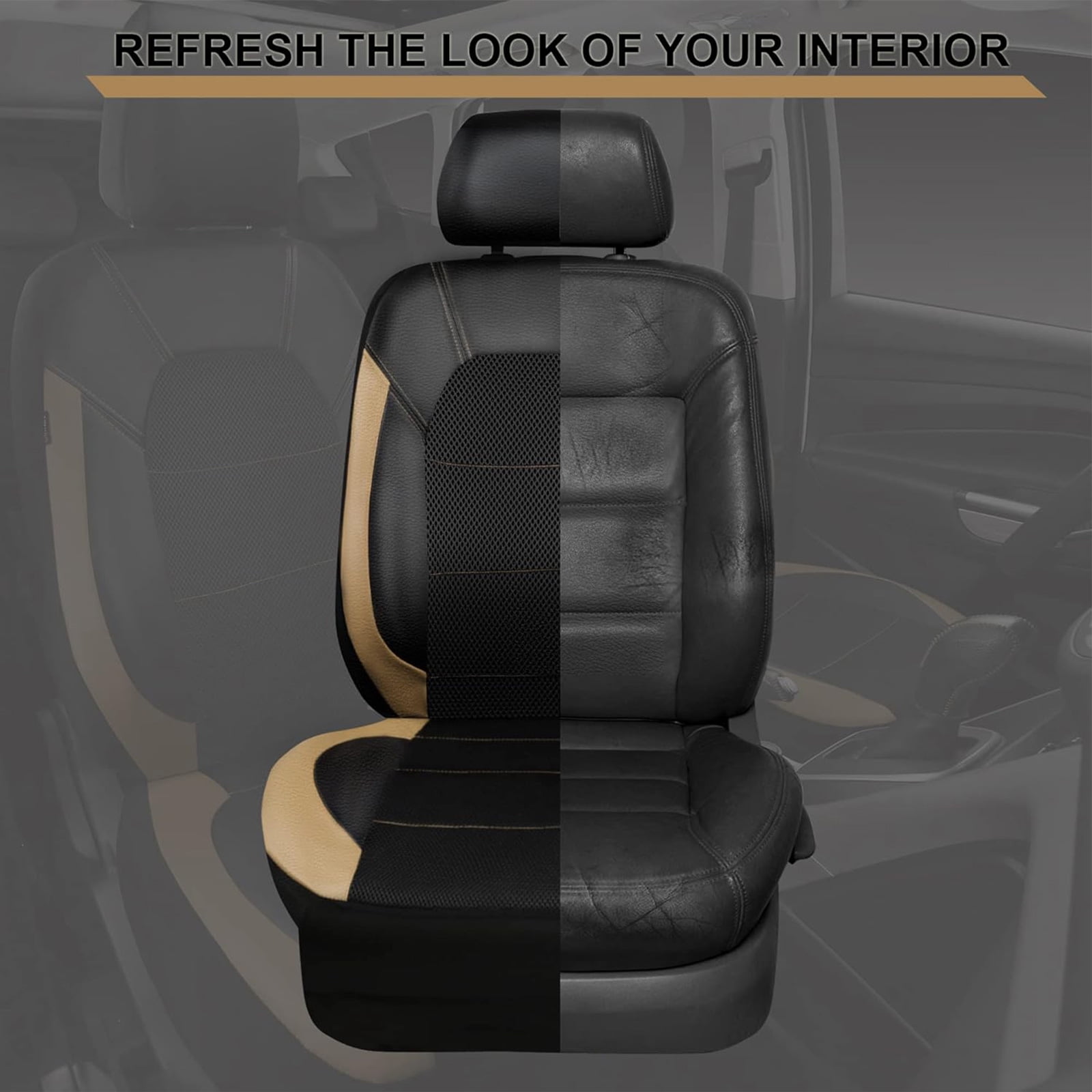 CAR GRAND Leather car seat covers full set air mesh breathable universal fit airbag compatible car, SUV, truck and van Beige
