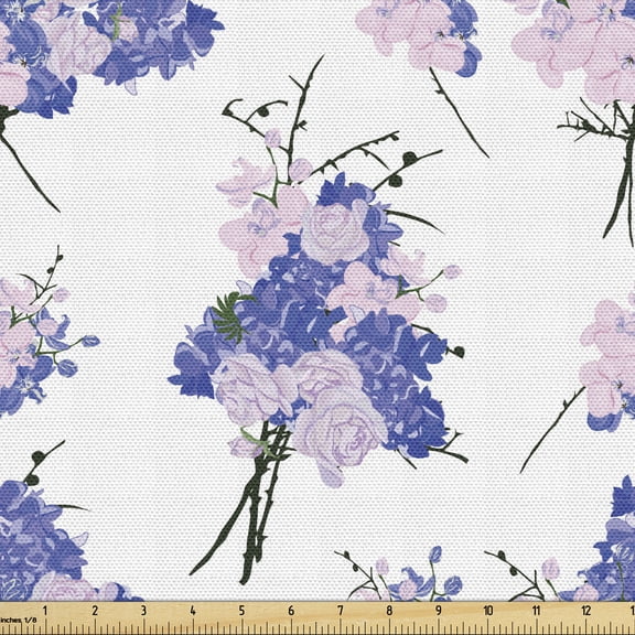 Floral Fabric by the Yard, Romantic Ornamental French Rose Flower Bouquets on Nude Toned Backdrop, Decorative Upholstery Fabric for Chairs & Home Accents, White Ceil Blue and Rose by Ambesonne