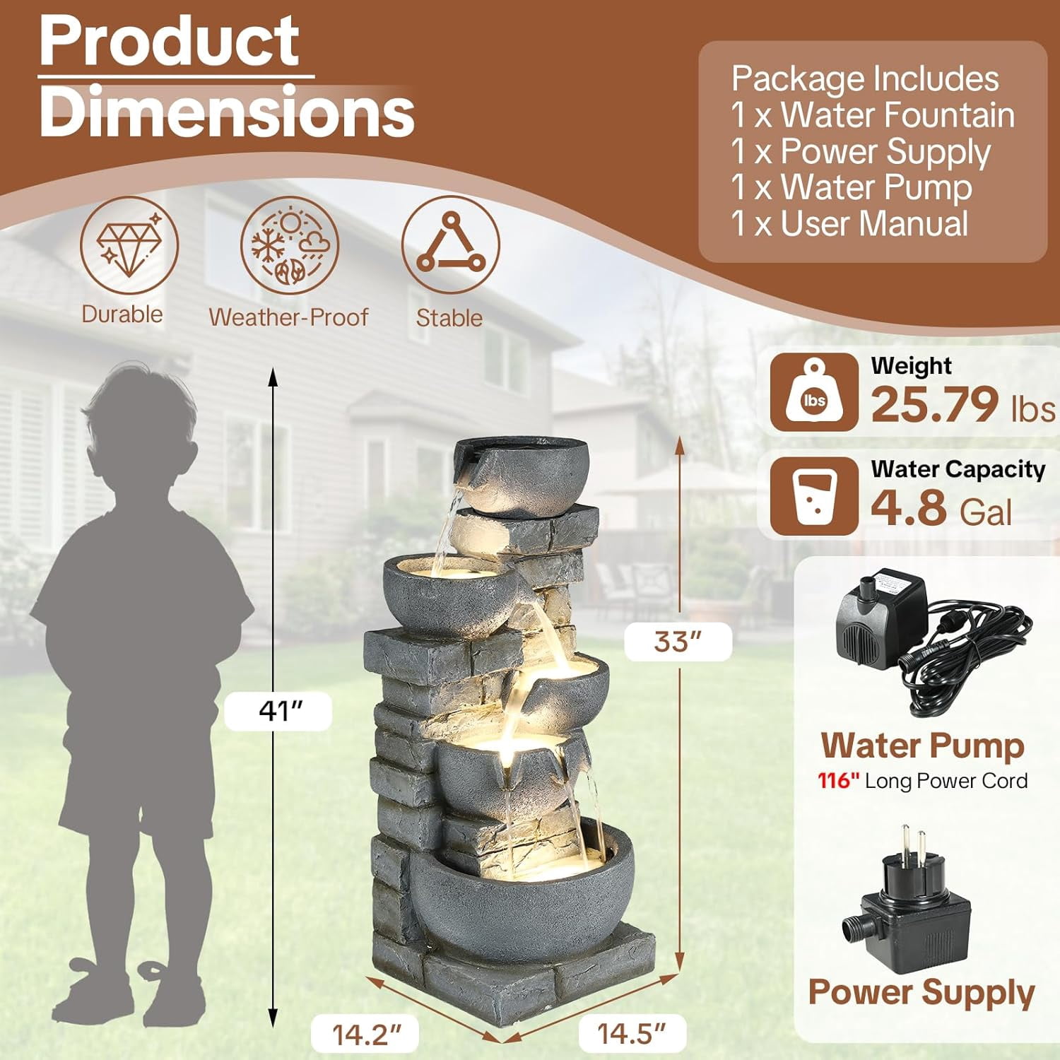 HOMEDIARY Modern 33" Tall Outdoor Water Fountain, Large 5-Tier Cascading Bowls Waterfall Fountain with LED Lights, Stone Texture Floor-Standing Resin Water Feature for Deck, Patio, Backyard & Indoor
