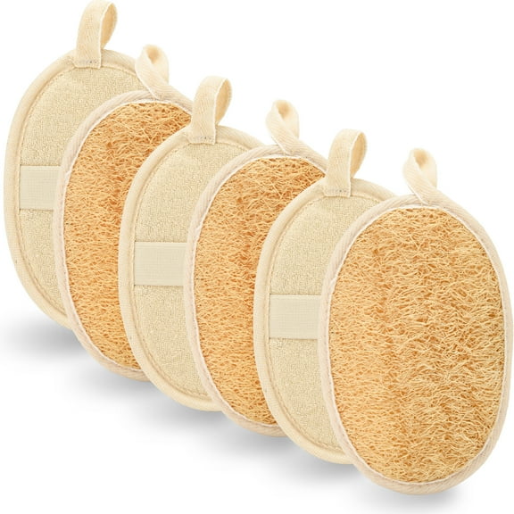 SJENERT 6 Pcs Exfoliating Loofah Pads, 100% Natural Luffa and Terry, Premium Loofa Scrubber Body Glove Close Skin for Men and Women, Bath Spa