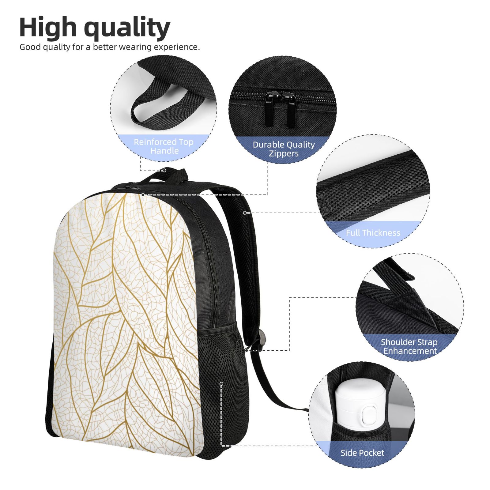 Xecao Elegant Gold Leaf Pattern Print School Backpack with Laptop Compartment Small Travel Laptop Backpack for Women Men Waterproof College Backpack Simple School Bag
