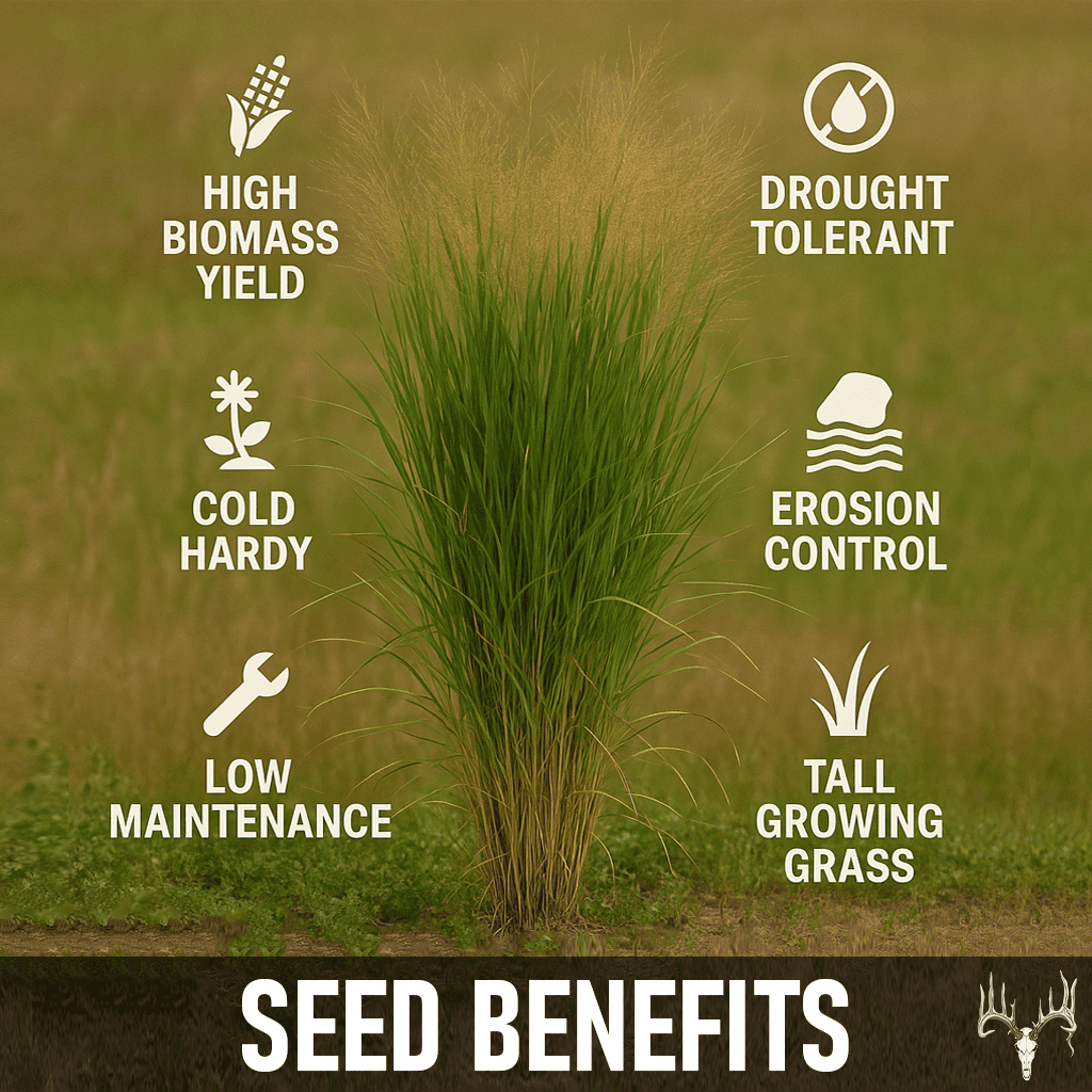 BigAzz Switchgrass Seed, Bulk RC Big Rock Variety, Extra Tall Drought-Tolerant Native Perennial Grass for Deer Habitat, Bedding Areas, Green Screens & Food Plots, 2 LB
