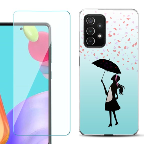 Slim-Fit Flexible Gel TPU Phone Case compatible with Samsung Galaxy A52 5G, with Tempered Glass Screen Protector, by OneToughShield ® - Rain/Hearts