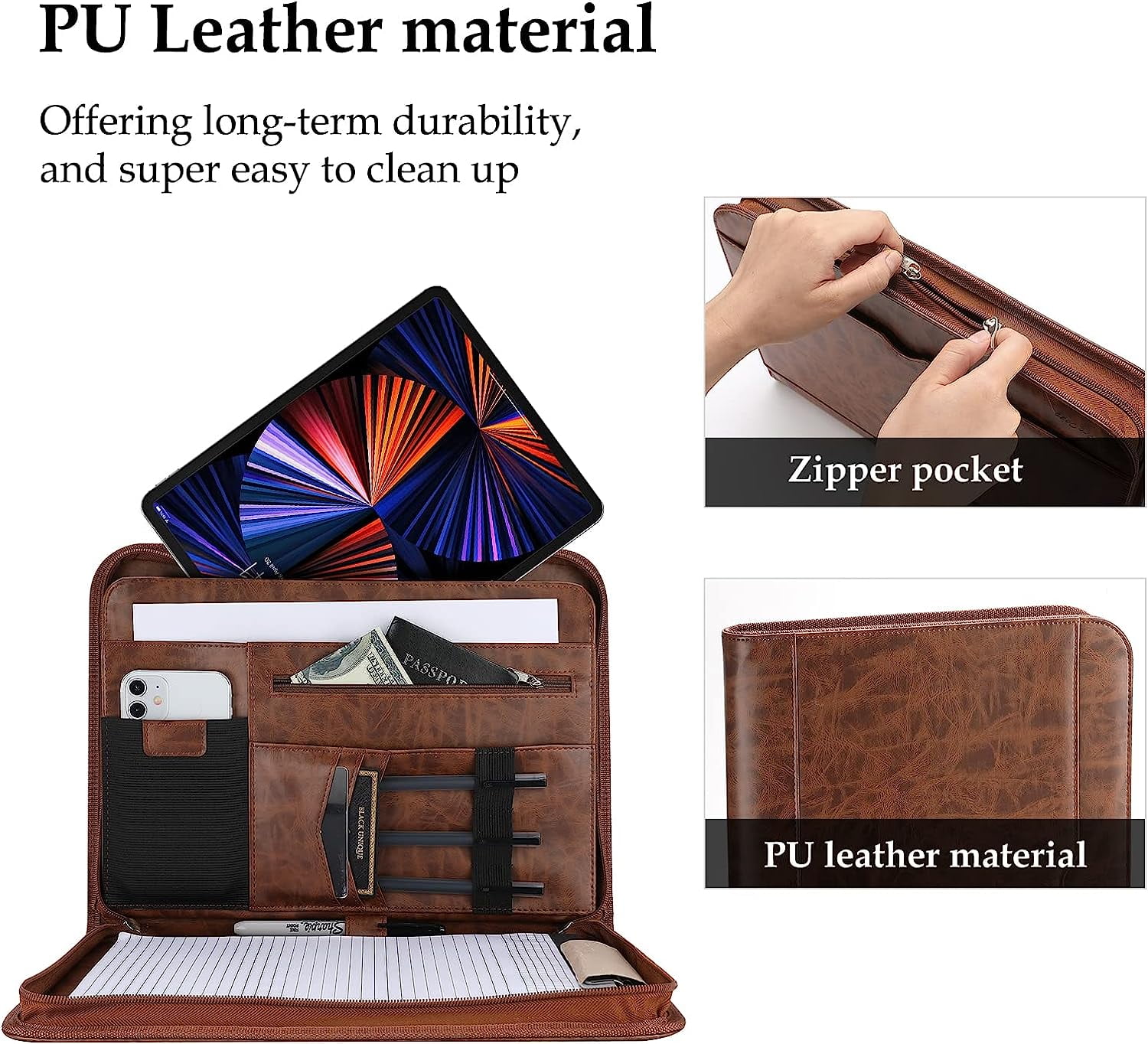 ProCase Portfolio Binder, Leather Padfolio File Folder Zipper Notepad Business Legal Document Holder with Tablet Sleeve, Phone Pouch, Card Organizer, Writing Pad -Brown