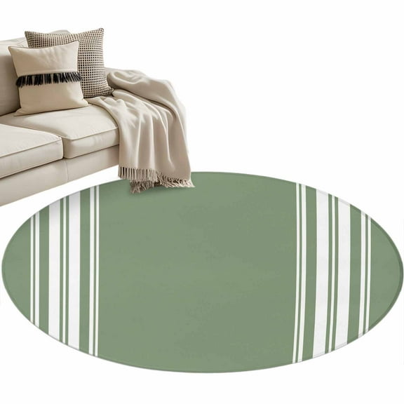 Dark Sage Green Round Area Rug 4 FT, Non Slip Indoor Outdoor Rug, Farmhouse Sage Green White Striped Washable Soft Circular Carpet Non-Shedding Floor Mat for Coffee Table Nursery Foyer Balcony