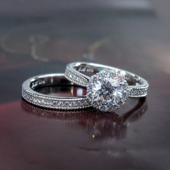 Engagement Ring Set Platinum Plated Sterling Silver Wedding Ring Set for Women Simulated Diamond Halo Bridal Ring