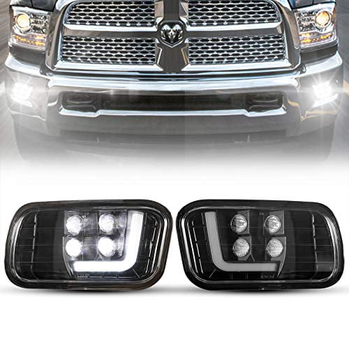 BUNKER INDUST Dodge Ram Phares Anti-Buée à DEL avec Ensemble de Lumières de Course de Jour, 1 Paire de Lampes Anti-Buée à Lentille Transparente pour Conduite en Pointe Type L de Remplacement pour Ram 2009-2012 1500, 2010-2014 2500, 2010-2012 3500