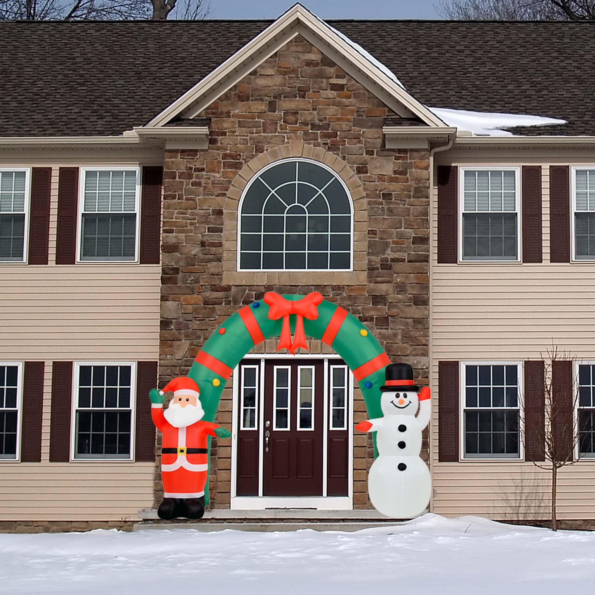 Fraser Hill Farm 8 ft Tall Walkway Arch w/ Santa Claus and Snowman, Outdoor Blow-Up Christmas Inflatable w/ Lights and Storage Bag, FHFXMASARCH081-L
