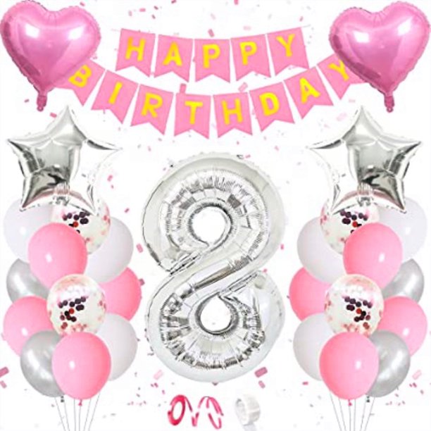 Kit de globos de cumpleaños, 28 unidades, mylar, plata rosada, con 8 globos