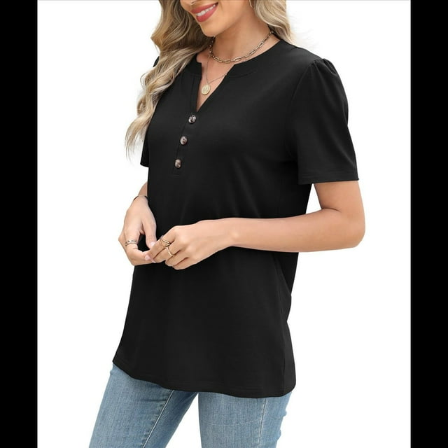 Top de Verano para Mujer, de Corta, Holgado, con Botones Torcidos, Color Liso, Negro, Talla S