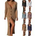 thumbnail image 4 of Robe Chandail Longue en Tricot à Col en V Profond pour Femmes avec Boutons, Manches Longues, Robe Maxi, 4 of 6
