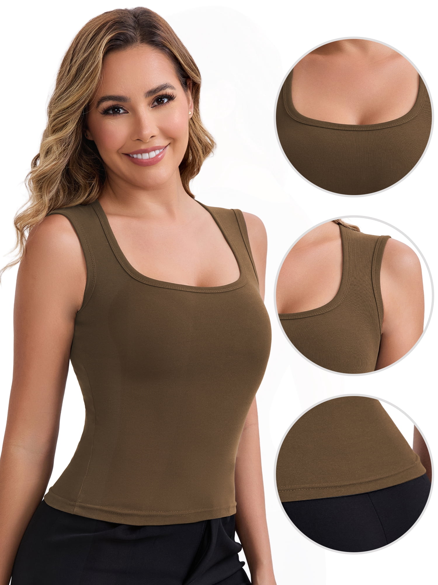 DARING DIVA Women's Wide Straps Square Neck Camisole Slimming Undershirt M Brown