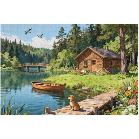 1000 Piece Puzzles for Adults Spring and Summer Landscape Jigsaw Puzzle Wooden House and Dog Jigsaw Puzzles 1000 Pieces Challenging Game Home Decor Birthday Party Gift Game