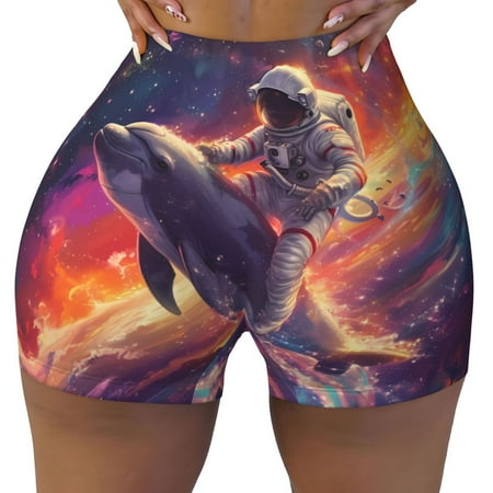 Workout Shorts Women  Astronaut Dolphin Biker Shorts for Women Running Gym Spandex Shorts Tummy Control