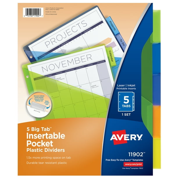Avery Insertable Plastic Pocket Divider, Color, Big Tab, 5Tab (11902)
