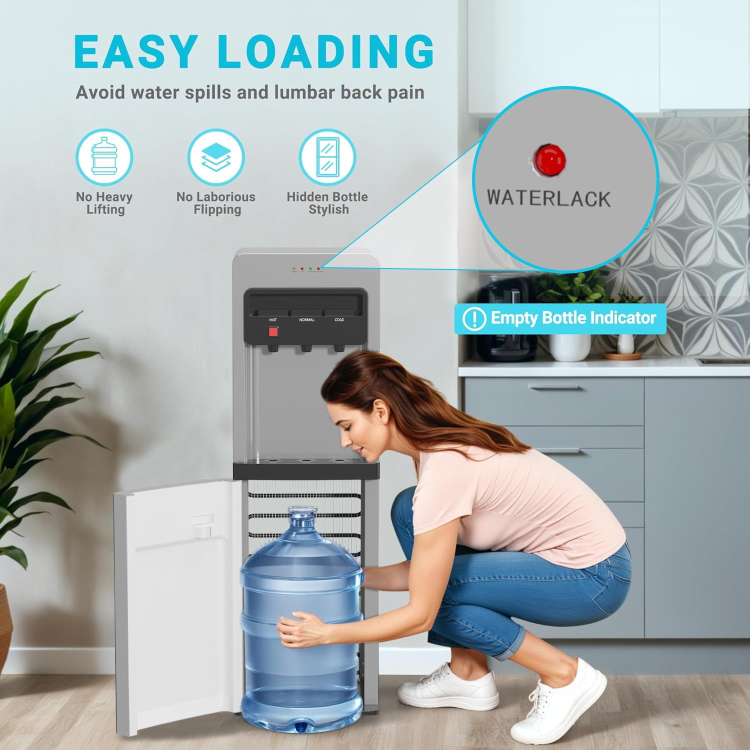 Behome Bottom Load Water Cooler Dispenser with Lack Water Alert, 3 Temperature Settings-Hot, Cold & Room-Temperature Water, Holds Up to 5 Gallon Bottles, for Homes, Kitchens, Dorms