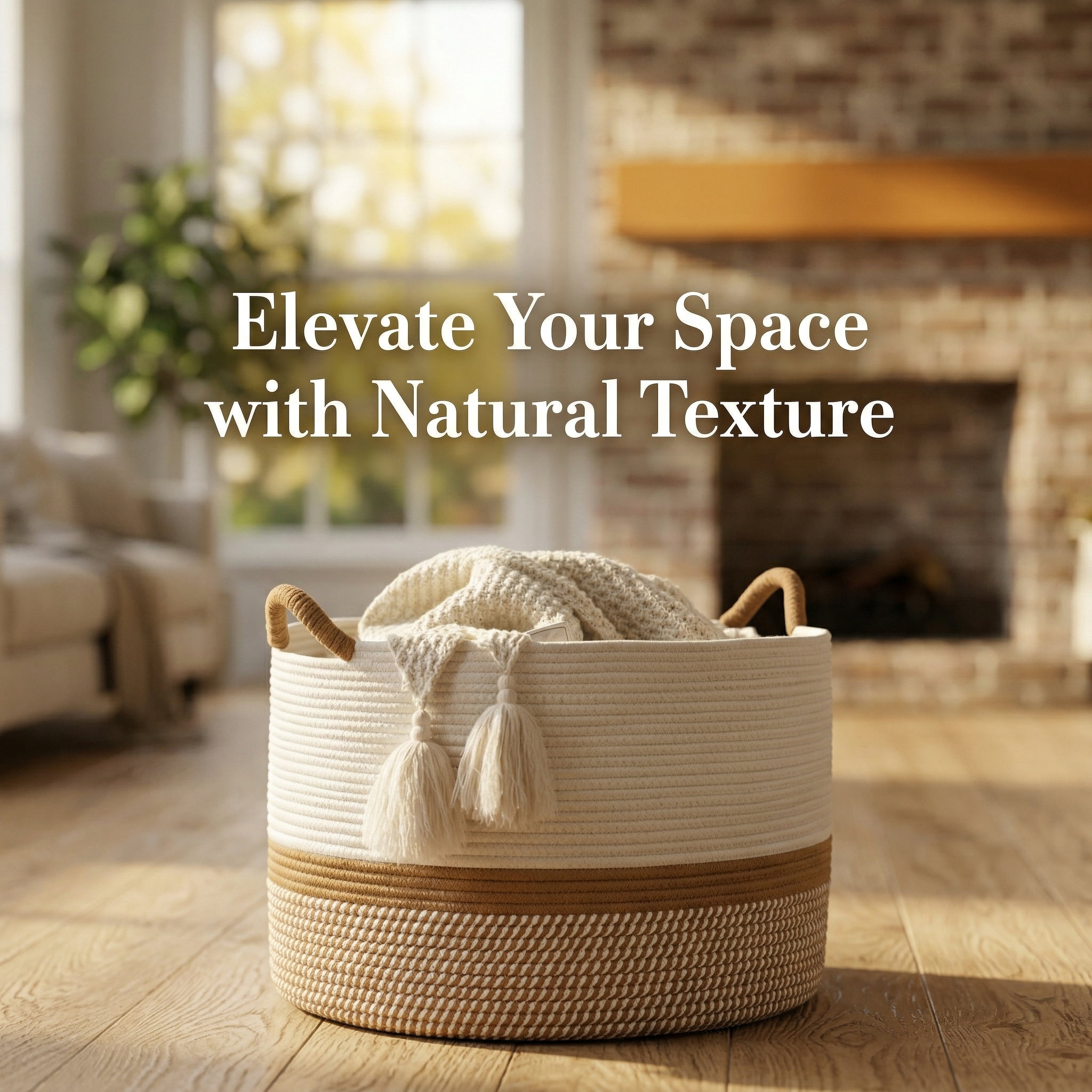 Large Blanket Basket (20"x13"),Cotton Rope Blanket Basket for Living Room, Laundry, Nursery, Pillows,  (White/Brown)