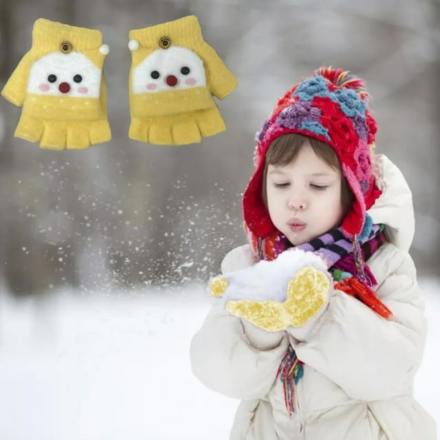 Guantes de Invierno para Niños | Diseño de Muñeco de Nieve | Guantes de Punto Sin Dedos | Material Cálido de Felpa Corta Color Amarillo | 13 X 4,8 X 2 Cm | 45 G | Guantes Navideños de Muñeco de Nieve