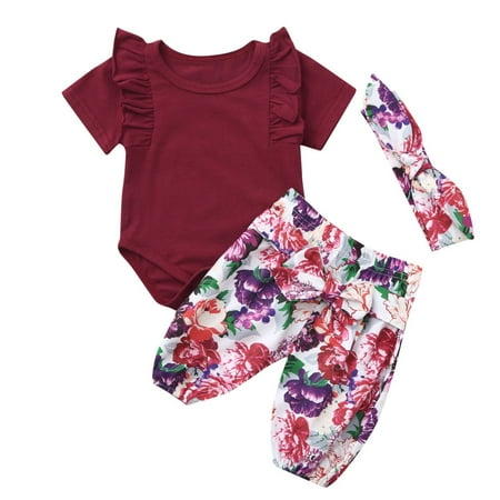 

BSDHBS Kids Two Piece Outfits Girls Baby Girls Solid Romper Jumpsuit+Floral Print Pants+Headbands Outfits