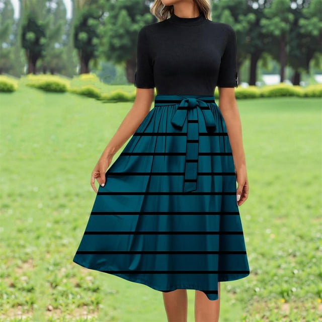 Weiqiqre Robes Grande Taille Fluides à Manches Courtes Taille Empire d'Été à Col Rond Longueur Midi Mode Robes Soleil Ceinturées pour Femmes
