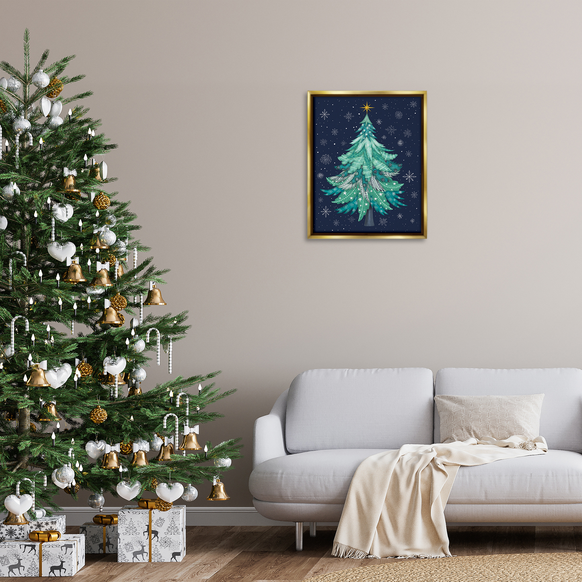 Stupell Industries Abstract Pattern Xmas Tree Holiday Painting Gold Floater Framed Canvas Art Prints Wall Art, 25 x 31