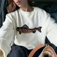thumbnail image 6 of Women Contrast Fish Sweater Long Sleeve Crew Neck Ribbed Knit Pullover Sweaters Fall Casual Tops White M, 6 of 7