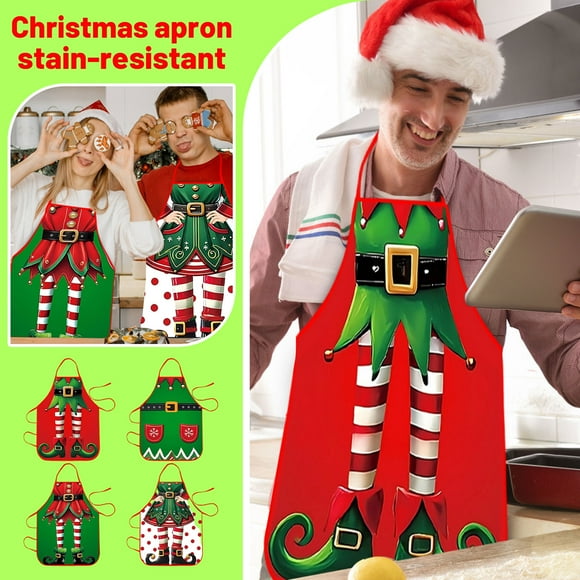 4PCS Adult Elf Christmas Aprons, Women’s Kitchen Cooking Baking Aprons, Holiday Decor & White Elephant Gag Gifts
