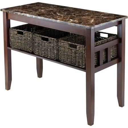 Winsome Wood Zoey Faux Marble Top Console Table with 3 Storage Baskets, Walnut Finish: