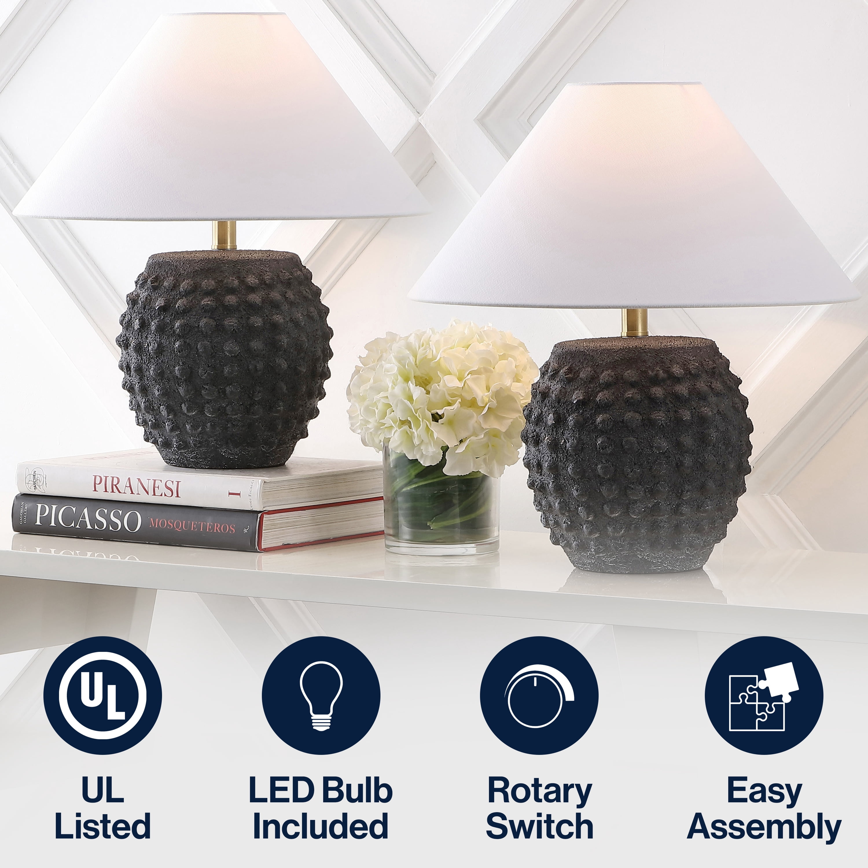 JONATHAN Y Effie 18.25" Minimalist Scandinavian Ceramic/Iron Hobnail LED Table Lamp, Matte Black (Set of 2), JYL5601A-SET2
