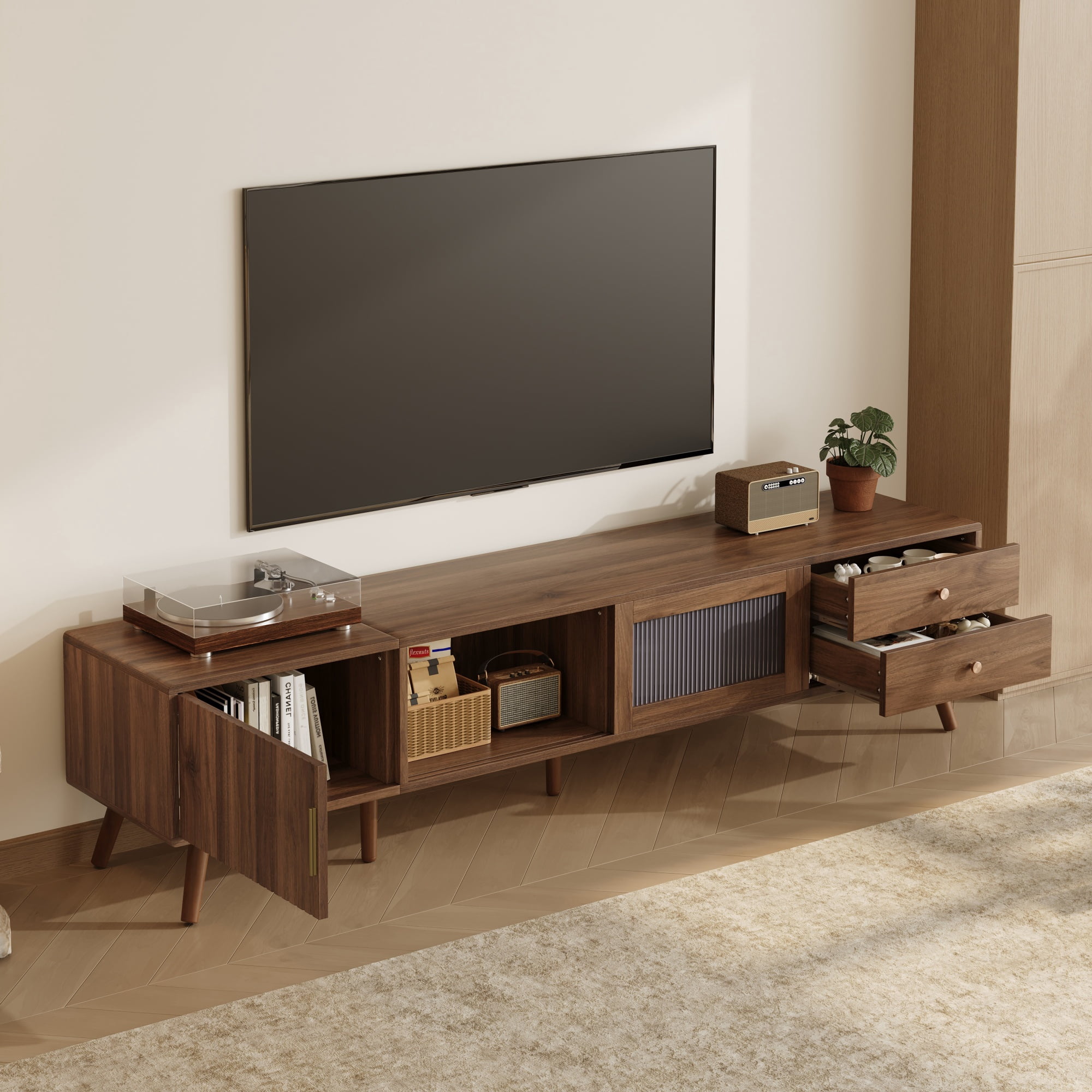 76 Inch Modern Minimal TV Stand for 85 Inch TV, Entertainment Center with Glass Doors and Storage Cabinets, TV Media Console Table for Living Room, Natural Wood