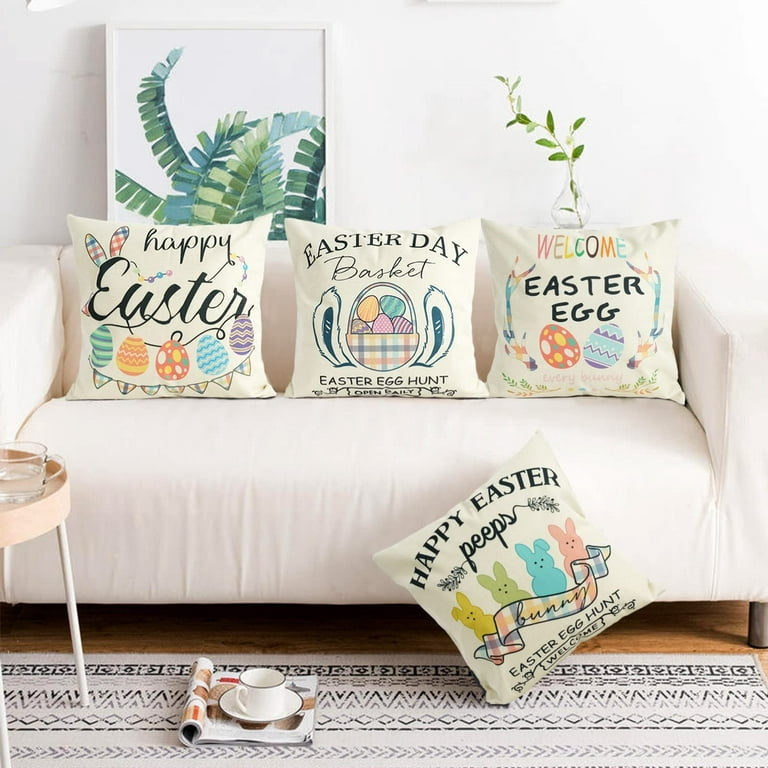 Yakuyir Easter Throw Pillow Covers 18x18 Inch Set of 4 Linen Spring Pillow  Case Happy Easter Rabbit Bunny Eggs Carrots Cushion Decor for Home  Farmhouse Outdoor Accent Sofa Couch Decorations 