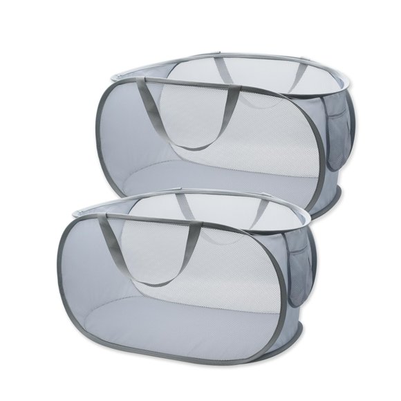 Cesta De Malla Resistente Para La Colada, Cesta Emergente Con Bolsillo Lateral Para Lavandería, Baño, Habitación De Niños, Dormitorio Universitario O Viajes (Pop Horizontal Gris + Gris)
