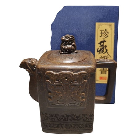 Vintage Yixing Teapot Oriental Lovely Zisha Sculpted Carved Embossed Etched Patterned Square Loong Zun Beast Sculpture